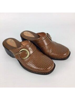 Clarks Womens Tan Brown Leather Heeled Mules Basket Weave Comfort Shoes size 7